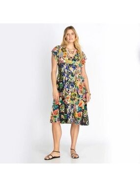 Johnny Was Chelsea Garden Patchwork Floral Print Tiered Jersey Midi Dress l